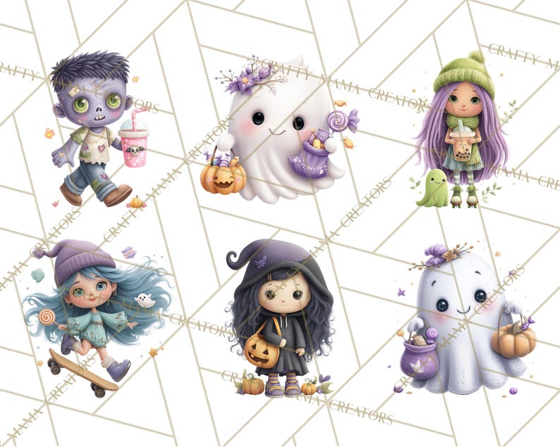 Peut inclure: Une collection d'illustrations fantaisistes sur le th&egrave;me d'Halloween. Les images pr&eacute;sentent des personnages mignons comme un zombie, des fant&ocirc;mes et une sorci&egrave;re, chacun avec des accessoires uniques tels que des citrouilles, des bonbons et des boissons. L'&oelig;uvre a un style doux &agrave; l'aquarelle.