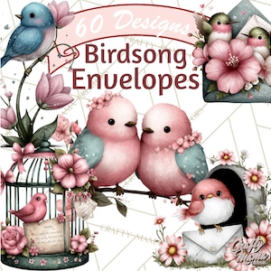 May include: Watercolor illustration featuring birds and floral elements. The image includes a variety of birds, pink flowers, and a birdcage. Text reads "60 Designs Birdsong Envelopes" in a decorative font. The overall theme is whimsical and nature-inspired.