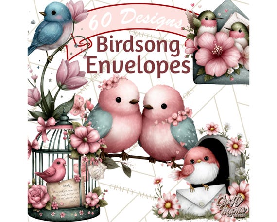 60 Png, Birdsong Letters Clipart, Printable Love Letter PNG, Romantic Birds and Flowers Clip Art, Pastel Envelope PNG