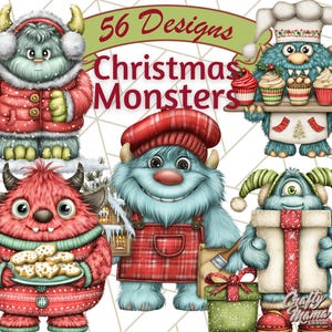 Puede incluir: Ilustración digital con varios monstruos de dibujos animados con atuendos festivos. La imagen incluye el texto "56 Designs Christmas Monsters". Los monstruos son de varios colores y sostienen regalos, productos horneados y llevan gorros de chef.