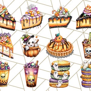 May include: A collection of Halloween-themed desserts, including slices of cheesecake with candy corn and whipped cream, a pumpkin-shaped tart, and colorful macarons. Beverages include a skull-decorated boba tea and a cup with skulls.