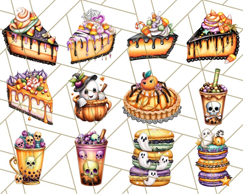 May include: A collection of Halloween-themed desserts, including slices of cheesecake with candy corn and whipped cream, a pumpkin-shaped tart, and colorful macarons. Beverages include a skull-decorated boba tea and a cup with skulls.