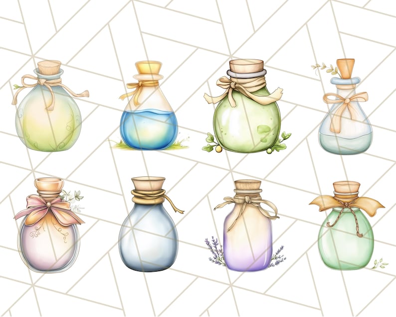 Puede incluir: Ocho botellas de vidrio con tapones de corcho y l&iacute;quidos de varios colores. Cada botella tiene una cinta atada alrededor del cuello y est&aacute; decorada con peque&ntilde;os detalles florales.