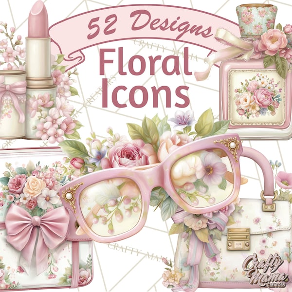 52 PNG, Clipart de poder femenino floral, Iconos femeninos, Coronas de corazones con lazo rosa, Decoración estética pastel, PNG imprimible