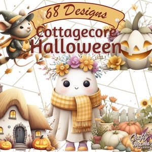 May include: A whimsical illustration with a cottagecore Halloween theme. It features a cute ghost wearing a floral crown and scarf, a smiling jack-o'-lantern, a mouse riding a broom, and a small cottage. The text reads "68 Designs Cottagecore Halloween."