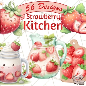 May include: A watercolour illustration with strawberries and kitchen-related items. It shows a jug of strawberry lemonade, a mason jar with a strawberry drink, and a wooden chopping board with sliced strawberries. Text reads "56 Designs Strawberry Kitchen."