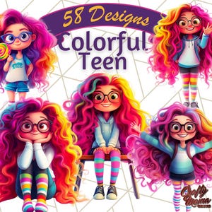 カラフルな十代の女の子のクリップアート、かわいい十代の若者の PNG、楽しいキャラクターグラフィック、デジタルガールのイラスト、昇華アート、工芸品のクリップアート