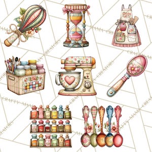 May include: Watercolour illustrations of kitchen items, including a whisk, hourglass, apron, spice rack, stand mixer, and spoons. The items feature floral patterns and pastel colours, creating a vintage, cottagecore aesthetic.
