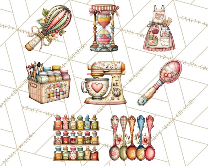 May include: Watercolour illustrations of kitchen items, including a whisk, hourglass, apron, spice rack, stand mixer, and spoons. The items feature floral patterns and pastel colours, creating a vintage, cottagecore aesthetic.