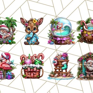 Op de afbeelding: Een verzameling grillige illustraties met kerstthema. De kerstman ontspant in een hangmat, een hert geniet van een ijsje en een flamingo draagt een kerstmuts. Andere afbeeldingen zijn een sneeuwbol, een kokosdrankje en een strandsc&egrave;ne.