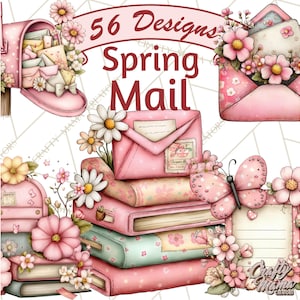 May include: A watercolour illustration with a pink theme, featuring a mailbox, envelopes, books, flowers, and a butterfly. The text "56 Designs Spring Mail" is displayed. The image evokes a spring theme with mail-related elements.