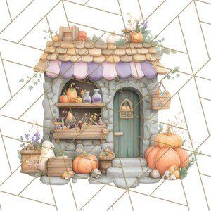 Peut inclure: Illustration &agrave; l'aquarelle d'une boutique en pierre fantaisiste avec un auvent &agrave; rayures violettes et blanches. La boutique est d&eacute;cor&eacute;e de citrouilles, de courges et de fleurs, cr&eacute;ant une sc&egrave;ne automnale charmante. Une porte verte et des &eacute;tag&egrave;res remplies d'articles vari&eacute;s.