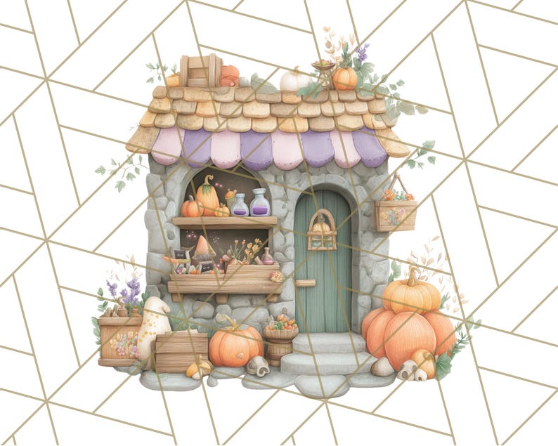 Peut inclure: Illustration &agrave; l'aquarelle d'une boutique en pierre fantaisiste avec un auvent &agrave; rayures violettes et blanches. La boutique est d&eacute;cor&eacute;e de citrouilles, de courges et de fleurs, cr&eacute;ant une sc&egrave;ne automnale charmante. Une porte verte et des &eacute;tag&egrave;res remplies d'articles vari&eacute;s.