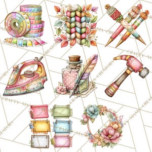 May include: Watercolor illustrations of craft supplies and tools, including spools of colorful tape, a stack of yarn, pens, an iron, a hammer, a bottle with a feather, and blank signs. A floral wreath and a color palette are also shown.