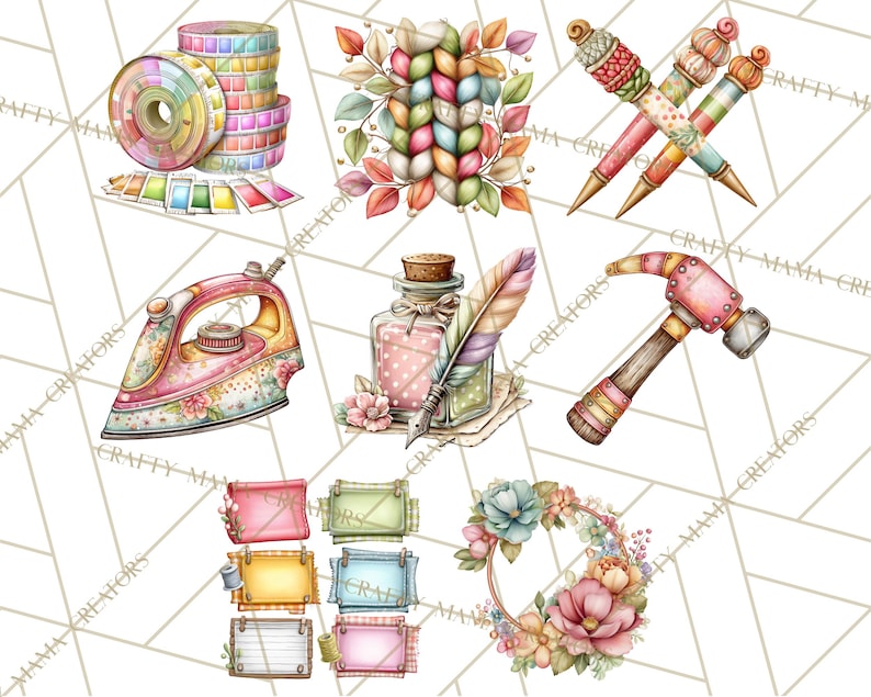 May include: Watercolor illustrations of craft supplies and tools, including spools of colorful tape, a stack of yarn, pens, an iron, a hammer, a bottle with a feather, and blank signs. A floral wreath and a color palette are also shown.