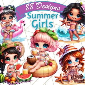 Chicas de verano chibi PNG, linda chica de verano, accesorios de playa kawaii, flotadores pastel, paletas de limones, clipart del 4 de julio