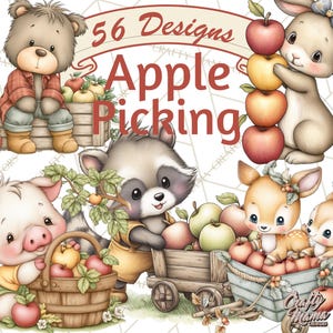 May include: Watercolor illustration featuring adorable cartoon animals, including a bear, rabbit, raccoon, pig, and deer, with apples. The image has the text "56 Designs Apple Picking". The animals are surrounded by apples and apple-picking tools.