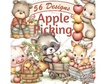 Op de afbeelding: Waterverfillustratie met schattige cartoon dieren, waaronder een beer, konijn, wasbeer, varken en hert, met appels. De afbeelding bevat de tekst "56 Designs Apple Picking". De dieren zijn omringd door appels en appelplukgereedschap.
