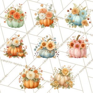 Op de afbeelding: Waterverfillustraties van pompoenen in verschillende kleuren, waaronder groen, oranje en roze. Elke pompoen is versierd met bloemstukken in tinten oranje, wit en geel, waardoor een herfstthema ontstaat.