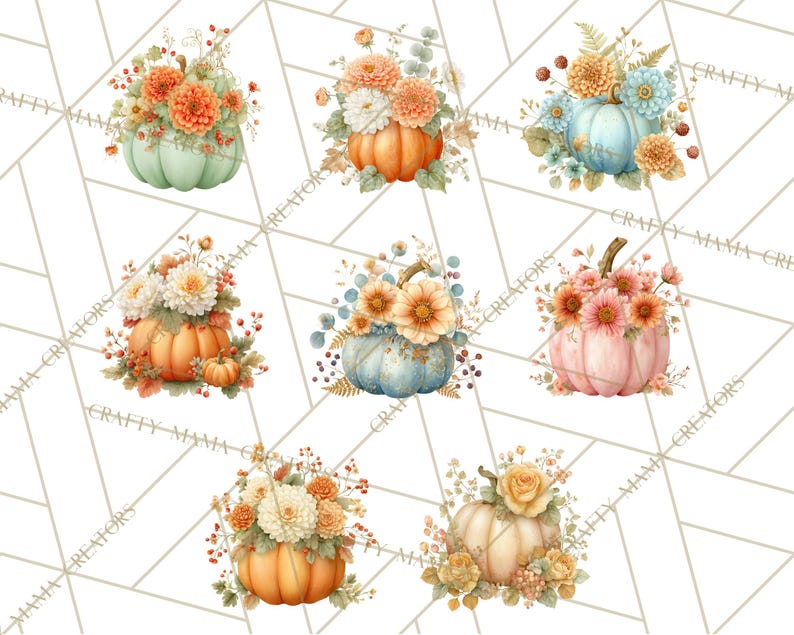 Op de afbeelding: Waterverfillustraties van pompoenen in verschillende kleuren, waaronder groen, oranje en roze. Elke pompoen is versierd met bloemstukken in tinten oranje, wit en geel, waardoor een herfstthema ontstaat.