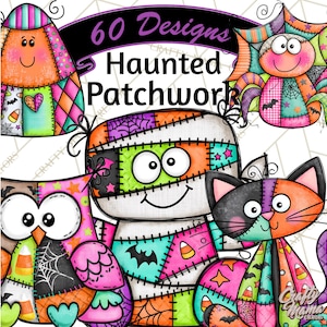 May include: A digital illustration titled 60 Designs Haunted Patchwork featuring colorful cartoon characters including a ghost, a spider, an owl, a mummy, and a cat, all designed with stitched patchwork patterns, vibrant colors, and Halloween motifs.