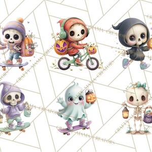 Peut inclure: Illustrations &agrave; l'aquarelle de personnages de squelettes mignons en costumes d'Halloween. Un squelette fait du skateboard, un autre fait du v&eacute;lo, et d'autres tiennent des lanternes et des citrouilles. Le fond a un motif g&eacute;om&eacute;trique.