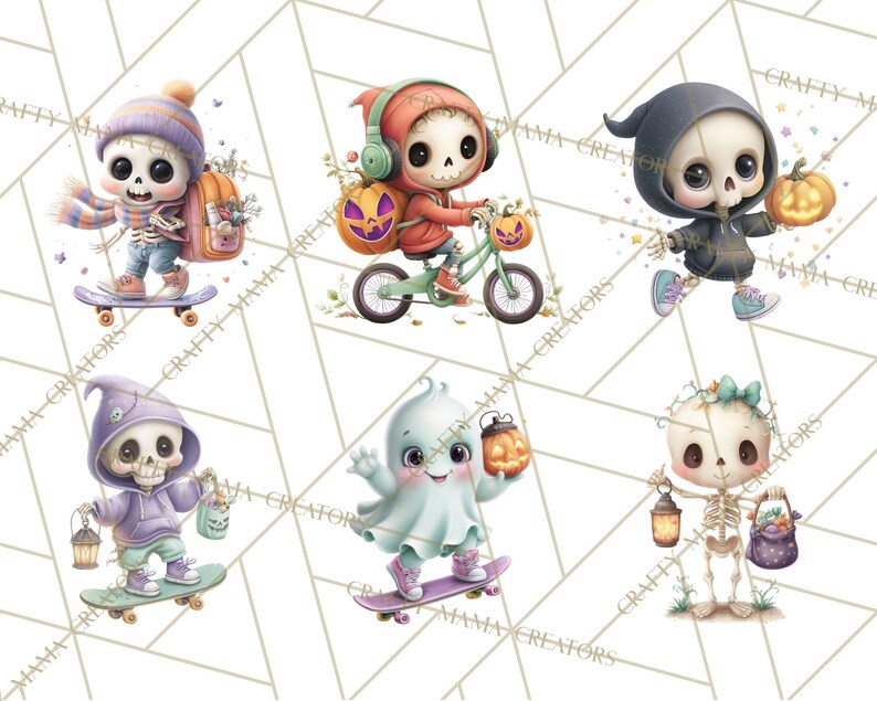 Peut inclure: Illustrations &agrave; l'aquarelle de personnages de squelettes mignons en costumes d'Halloween. Un squelette fait du skateboard, un autre fait du v&eacute;lo, et d'autres tiennent des lanternes et des citrouilles. Le fond a un motif g&eacute;om&eacute;trique.