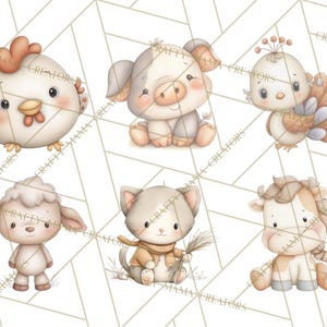 Peut inclure: Illustrations &agrave; l'aquarelle de six adorables animaux de la ferme : un poulet, un cochon, un paon, un agneau, un chat et une vache. Chaque animal est repr&eacute;sent&eacute; dans une palette de couleurs pastel douces, avec un design mignon. Le fond a un motif g&eacute;om&eacute;trique.