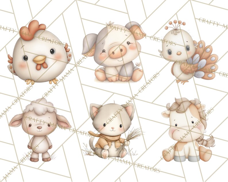 Peut inclure: Illustrations &agrave; l'aquarelle de six adorables animaux de la ferme : un poulet, un cochon, un paon, un agneau, un chat et une vache. Chaque animal est repr&eacute;sent&eacute; dans une palette de couleurs pastel douces, avec un design mignon. Le fond a un motif g&eacute;om&eacute;trique.