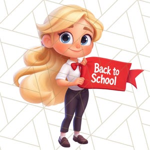May include: A cartoon illustration of a girl with blonde hair holding a red banner that says "Back to School".