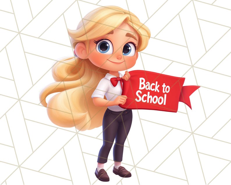 May include: A cartoon illustration of a girl with blonde hair holding a red banner that says "Back to School".