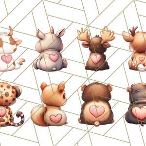 May include: A set of nine adorable animal illustrations with hearts on their backs. The animals include a cow, rhino, moose, deer, leopard, squirrel, bear, and hippopotamus. Each animal is depicted in a cartoon style with a cute and playful expression.