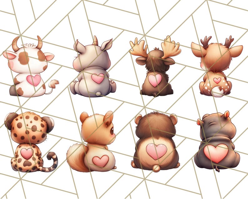 May include: A set of nine adorable animal illustrations with hearts on their backs. The animals include a cow, rhino, moose, deer, leopard, squirrel, bear, and hippopotamus. Each animal is depicted in a cartoon style with a cute and playful expression.