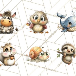 Pu&ograve; includere: Illustrazione di sei simpatici animali dei cartoni animati: una zebra, un gufo, una balena, uno scoiattolo, una lumaca e un bradipo. Ogni personaggio ha grandi occhi e colori tenui. Sfondo bianco con motivo geometrico.