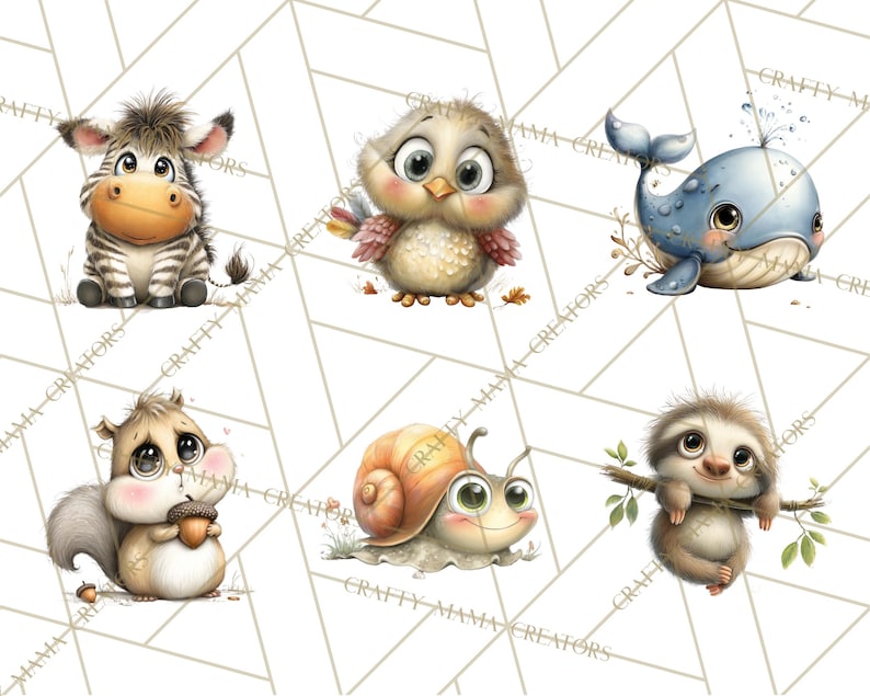Pu&ograve; includere: Illustrazione di sei simpatici animali dei cartoni animati: una zebra, un gufo, una balena, uno scoiattolo, una lumaca e un bradipo. Ogni personaggio ha grandi occhi e colori tenui. Sfondo bianco con motivo geometrico.