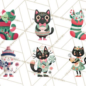 Op de afbeelding: Een verzameling van zes grillige kattenillustraties. Elke kat is afgebeeld met unieke feestelijke kleding, waaronder een kous, een hoed en bloemaccenten. Het kleurenpalet bevat tinten groen, roze en wit, wat een vrolijk en decoratief thema cre&euml;ert.