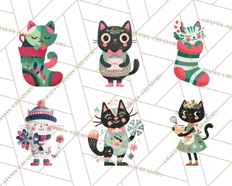 Op de afbeelding: Een verzameling van zes grillige kattenillustraties. Elke kat is afgebeeld met unieke feestelijke kleding, waaronder een kous, een hoed en bloemaccenten. Het kleurenpalet bevat tinten groen, roze en wit, wat een vrolijk en decoratief thema cre&euml;ert.