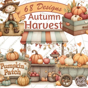 68 Png, Autumn Harvest Clipart, Fall PNG, Hay Bales, Corn Stalks, Pumpkins, Gourds, Apple Baskets, Scarecrow Clip Art, Halloween Graphics