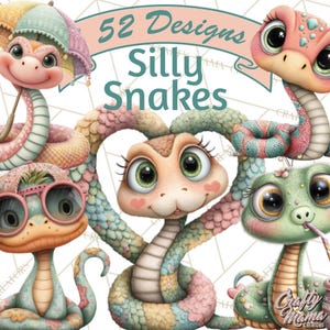 Puede incluir: Ilustración caprichosa con varias serpientes de dibujos animados con ojos grandes y patrones coloridos. La imagen incluye el texto "52 Designs Silly Snakes" y el logotipo "Crafty Mama Creators". Las serpientes están en varias poses.