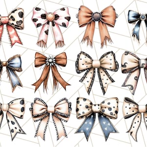 May include: Twelve different bow designs with various patterns and colors. The bows are drawn in a watercolor style and are arranged in a grid pattern.