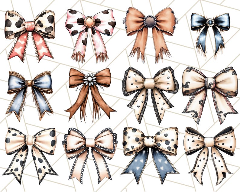 May include: Twelve different bow designs with various patterns and colors. The bows are drawn in a watercolor style and are arranged in a grid pattern.