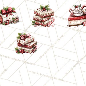 Puede incluir: Ilustraciones en acuarela de postres navide&ntilde;os festivos. La imagen presenta una variedad de dulces, incluyendo un tronco de Navidad, pasteles en capas y rebanadas de pastel, todos decorados con acebo, bastones de caramelo y lazos rojos. Los postres est&aacute;n dispuestos sobre un fondo blanco.