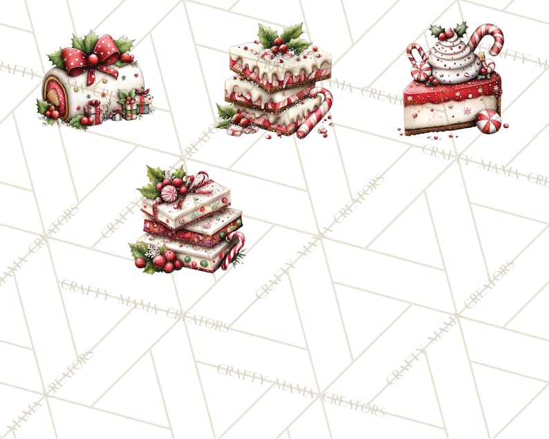 Puede incluir: Ilustraciones en acuarela de postres navide&ntilde;os festivos. La imagen presenta una variedad de dulces, incluyendo un tronco de Navidad, pasteles en capas y rebanadas de pastel, todos decorados con acebo, bastones de caramelo y lazos rojos. Los postres est&aacute;n dispuestos sobre un fondo blanco.