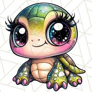 Pu&ograve; includere: Un'illustrazione di cartone animato di una tartaruga verde e gialla con grandi occhi scintillanti e palpebre rosa. La tartaruga ha un naso rosa e una piccola bocca rosa. La tartaruga &egrave; seduta sulle sue zampe posteriori con le zampe anteriori estese.