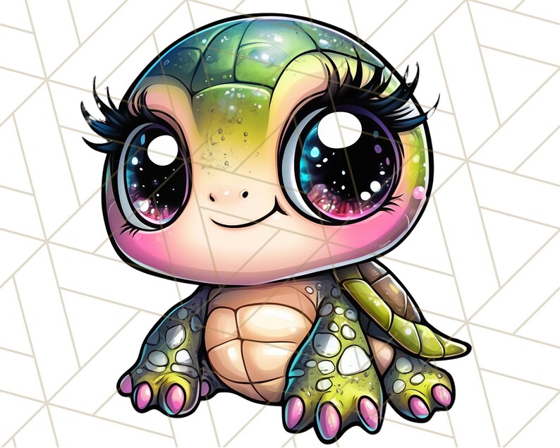 Pu&ograve; includere: Un'illustrazione di cartone animato di una tartaruga verde e gialla con grandi occhi scintillanti e palpebre rosa. La tartaruga ha un naso rosa e una piccola bocca rosa. La tartaruga &egrave; seduta sulle sue zampe posteriori con le zampe anteriori estese.