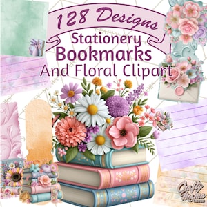 128 Bookish Blooms Clipart, Floral Reading Clipart, Magnetic Bookmark PNG, Flower Stationery Clipart, Books and Flowers PNG