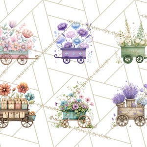 K&ouml;nnte beinhalten: Aquarellillustrationen von Blumenwagen in verschiedenen Farben. Jeder Wagen ist mit verschiedenen Blumenarten gef&uuml;llt, darunter Rosen, Lavendel und G&auml;nsebl&uuml;mchen. Die Wagen sind in Rosa-, Lila-, Gr&uuml;n- und Braunt&ouml;nen gehalten.