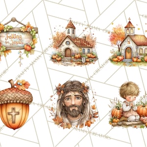 May include: Watercolor illustrations featuring autumn themes. Includes a sign that reads "Falling for Jesus", a church, an acorn with a cross, a portrait of Jesus, and a child praying among pumpkins.