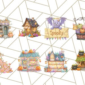 Peut inclure: Illustrations &agrave; l'aquarelle de maisons fantaisistes d'Halloween, d'une chauve-souris tenant une pancarte "Spooky" et d'un panier de citrouilles. Les images pr&eacute;sentent des couleurs vives, des citrouilles et des &eacute;l&eacute;ments d&eacute;coratifs pour la d&eacute;coration ou l'artisanat.