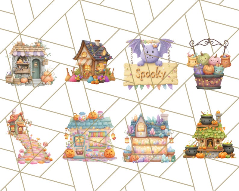 Peut inclure: Illustrations &agrave; l'aquarelle de maisons fantaisistes d'Halloween, d'une chauve-souris tenant une pancarte "Spooky" et d'un panier de citrouilles. Les images pr&eacute;sentent des couleurs vives, des citrouilles et des &eacute;l&eacute;ments d&eacute;coratifs pour la d&eacute;coration ou l'artisanat.